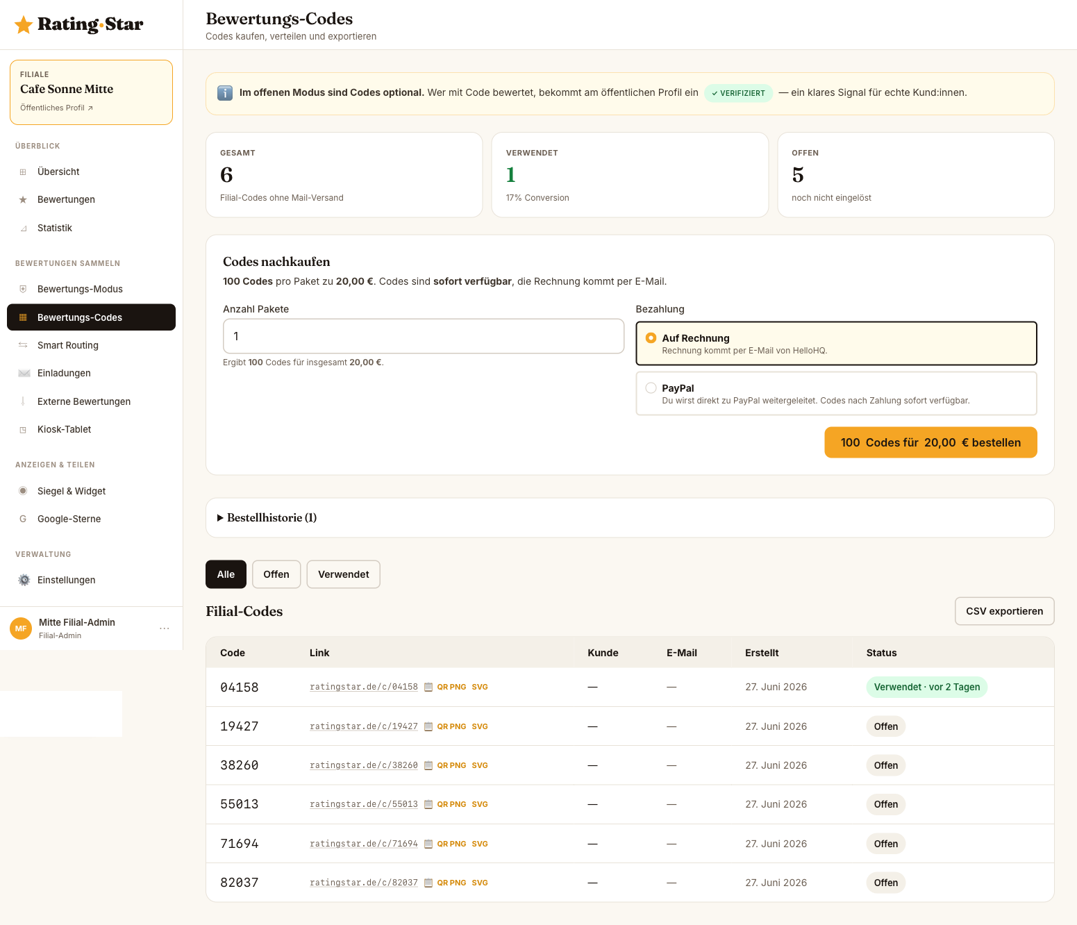 RatingStar-Admin: Liste der Bewertungs-Codes mit Kurz-Link, QR-Code und Status.