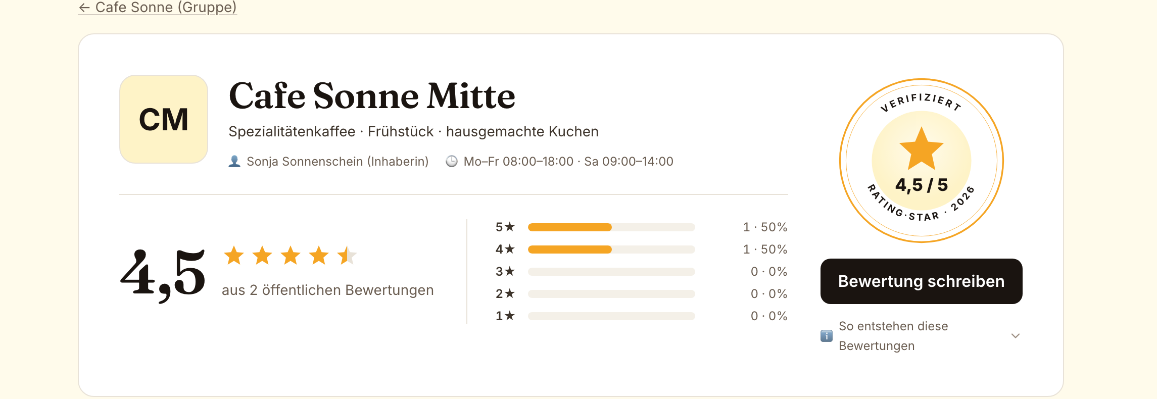 Öffentliches RatingStar-Profil mit Sterne-Schnitt, Bewertungsverteilung und Verifiziert-Siegel.